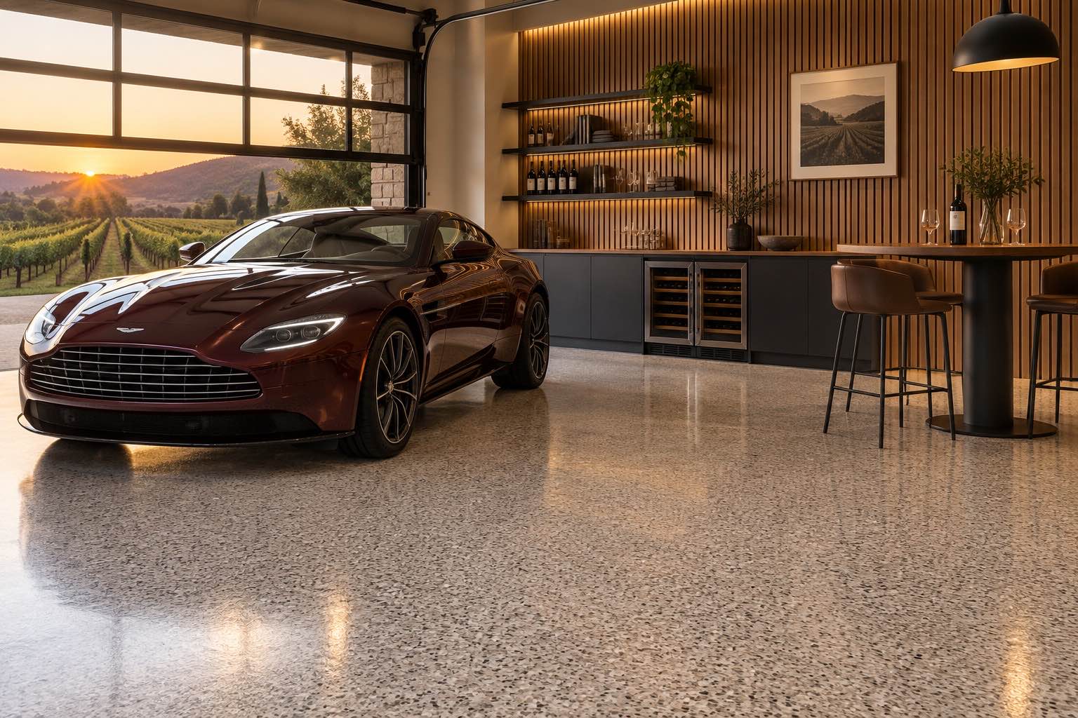 Garage with performance cars, storage, and a full-flake floor
