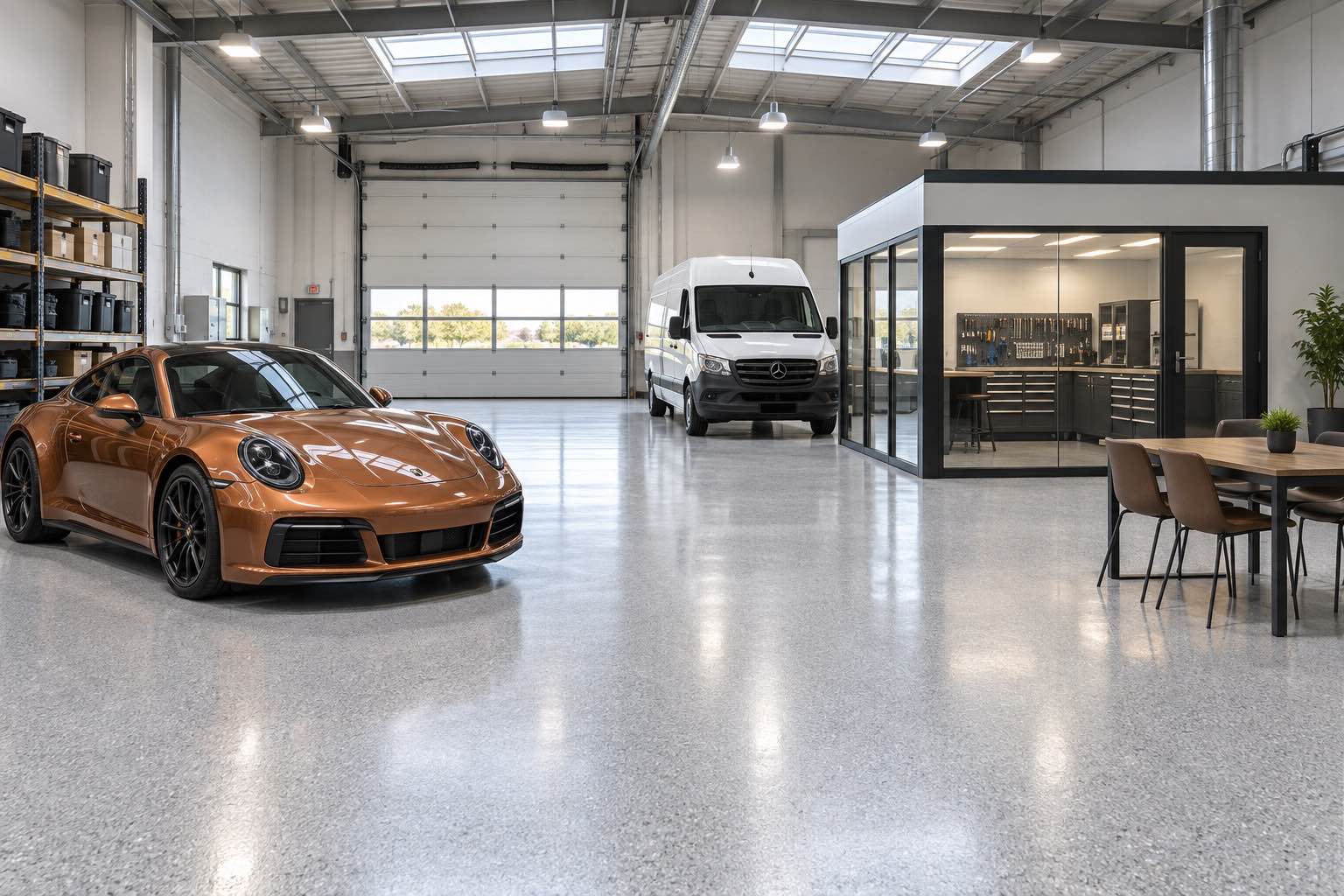 Warehouse with cars, office, lounge, and epoxy floor