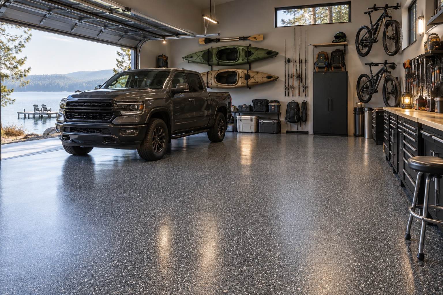 Automotive workshop with a light quartz floor