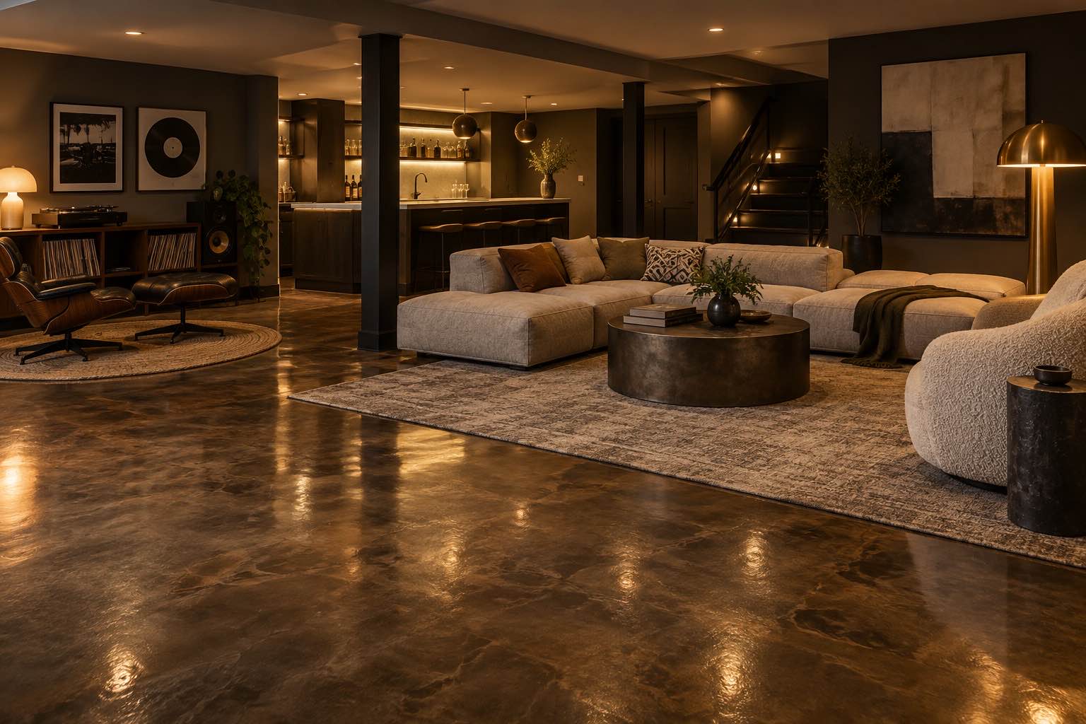 Finished basement lounge with a smoky metallic epoxy floor