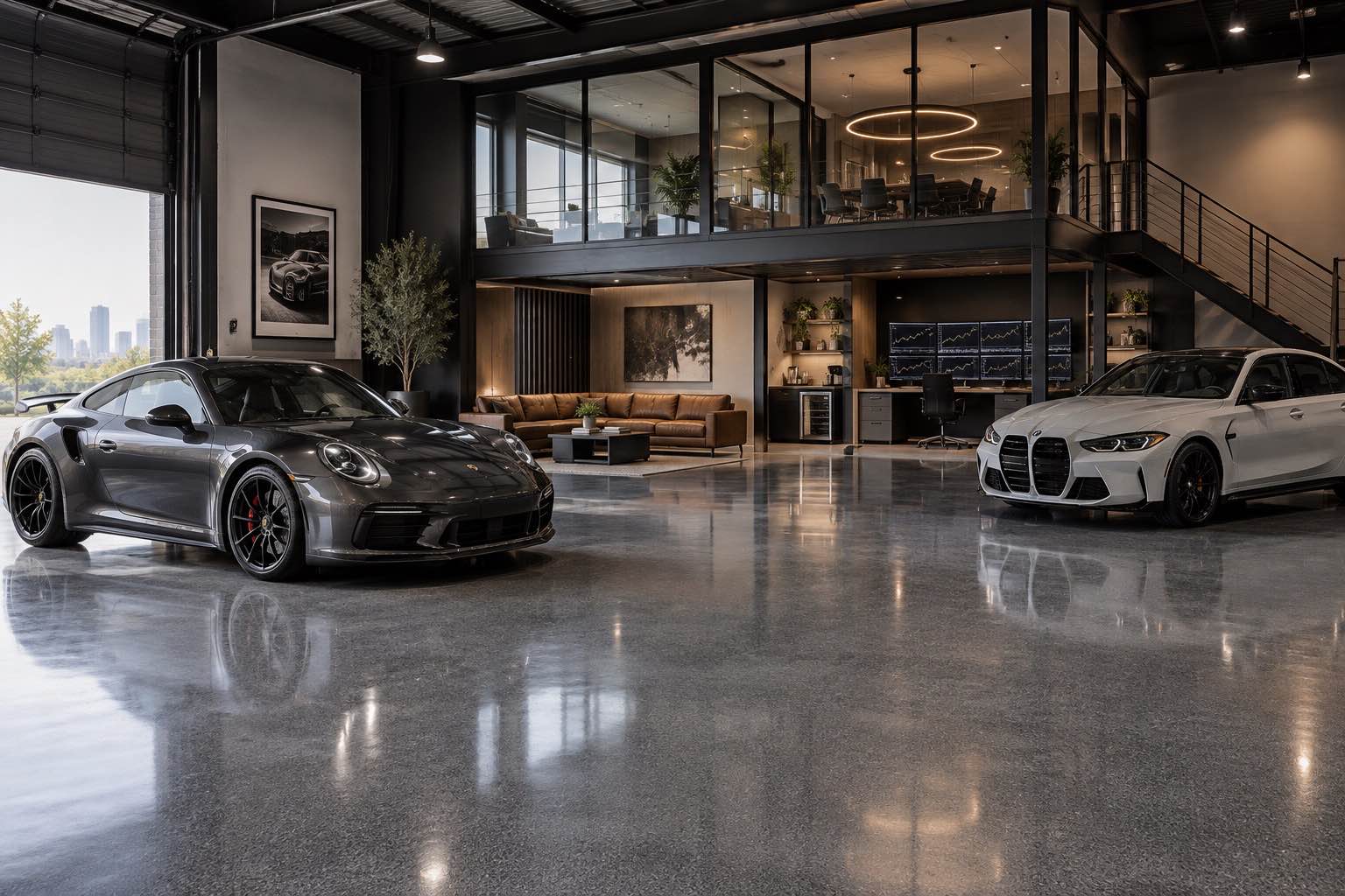Automotive warehouse with epoxy flooring, display cars, office, and lounge