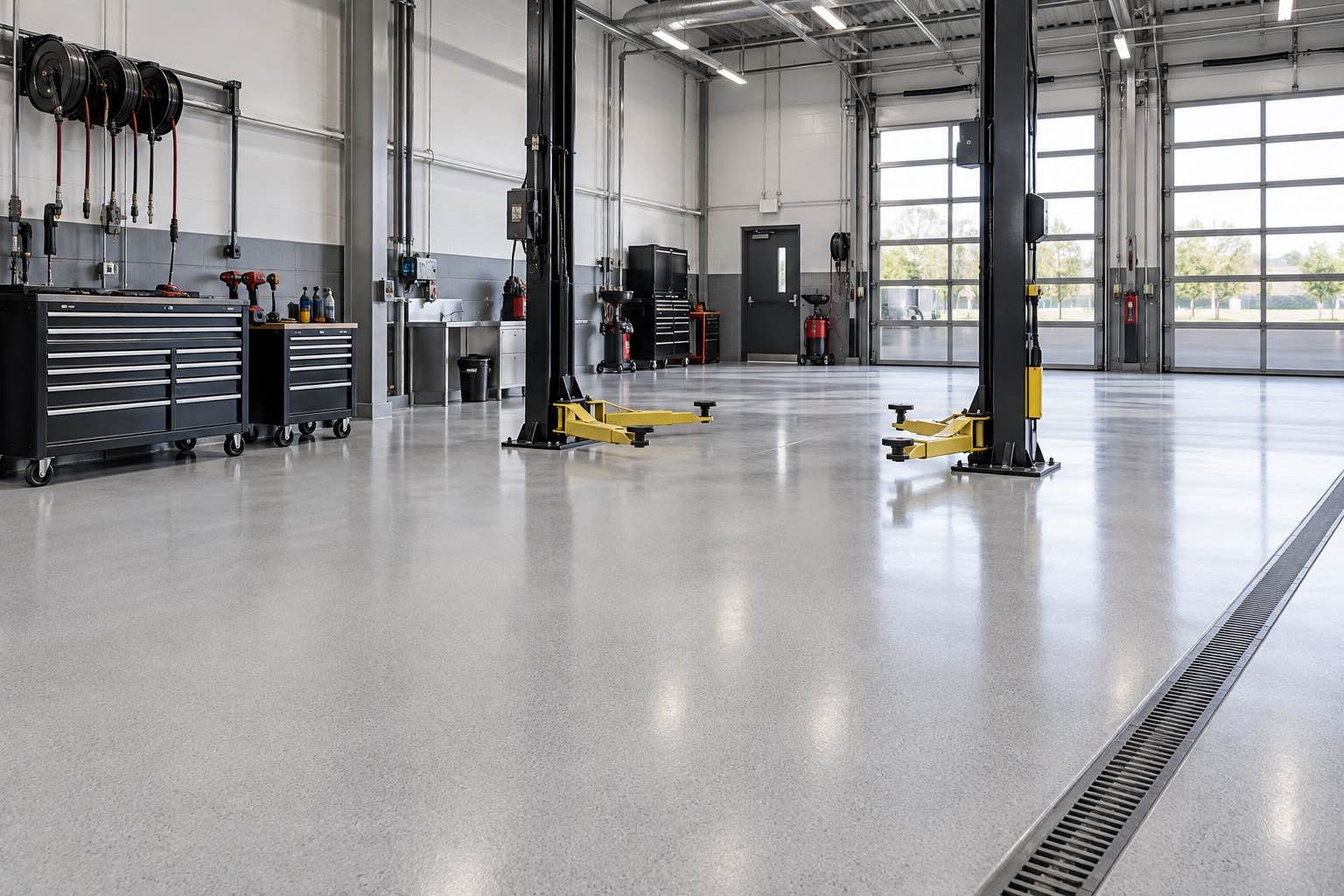 Vehicle service bay with a light quartz floor