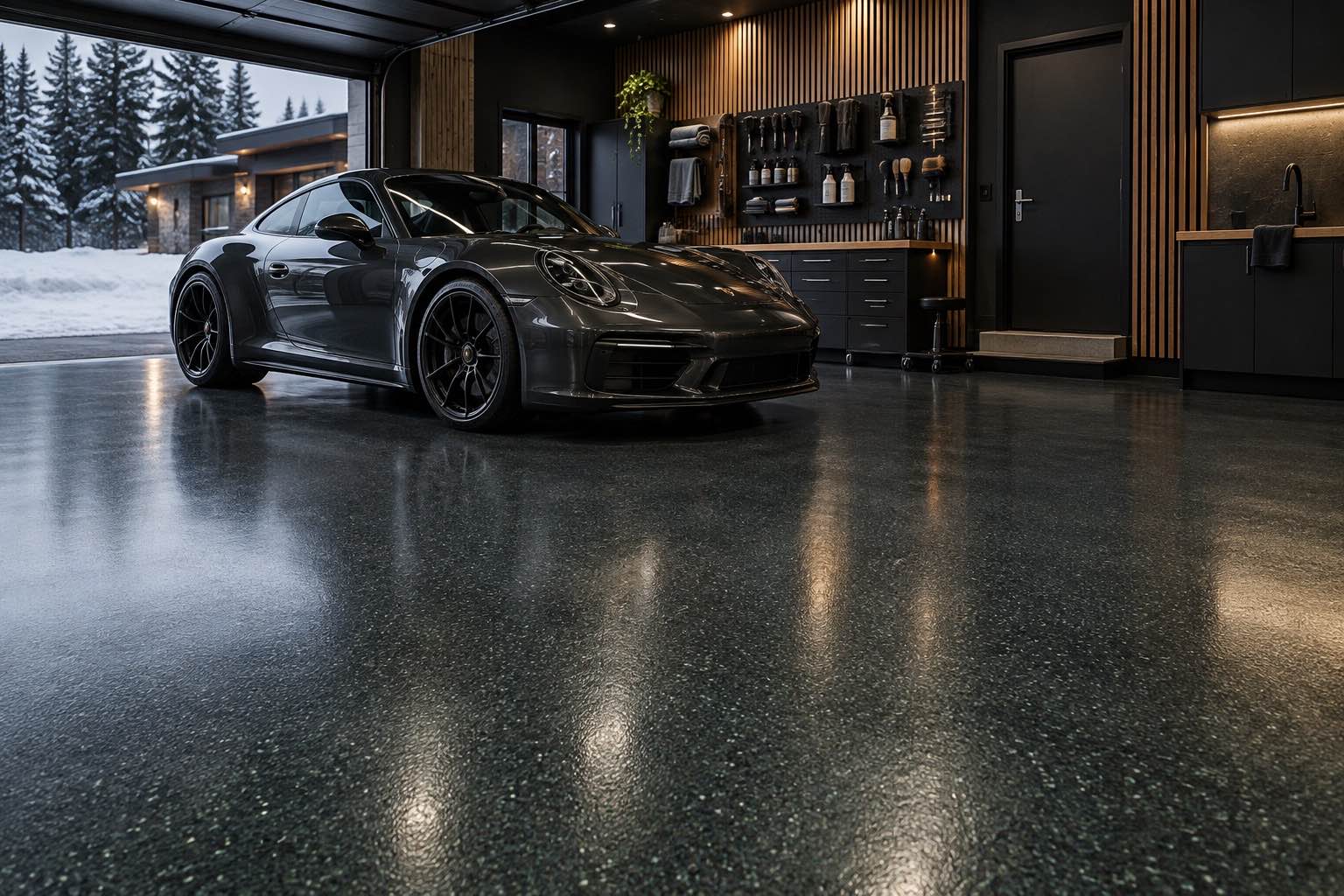 Winter detailing garage with a dark renewed resin floor and performance car