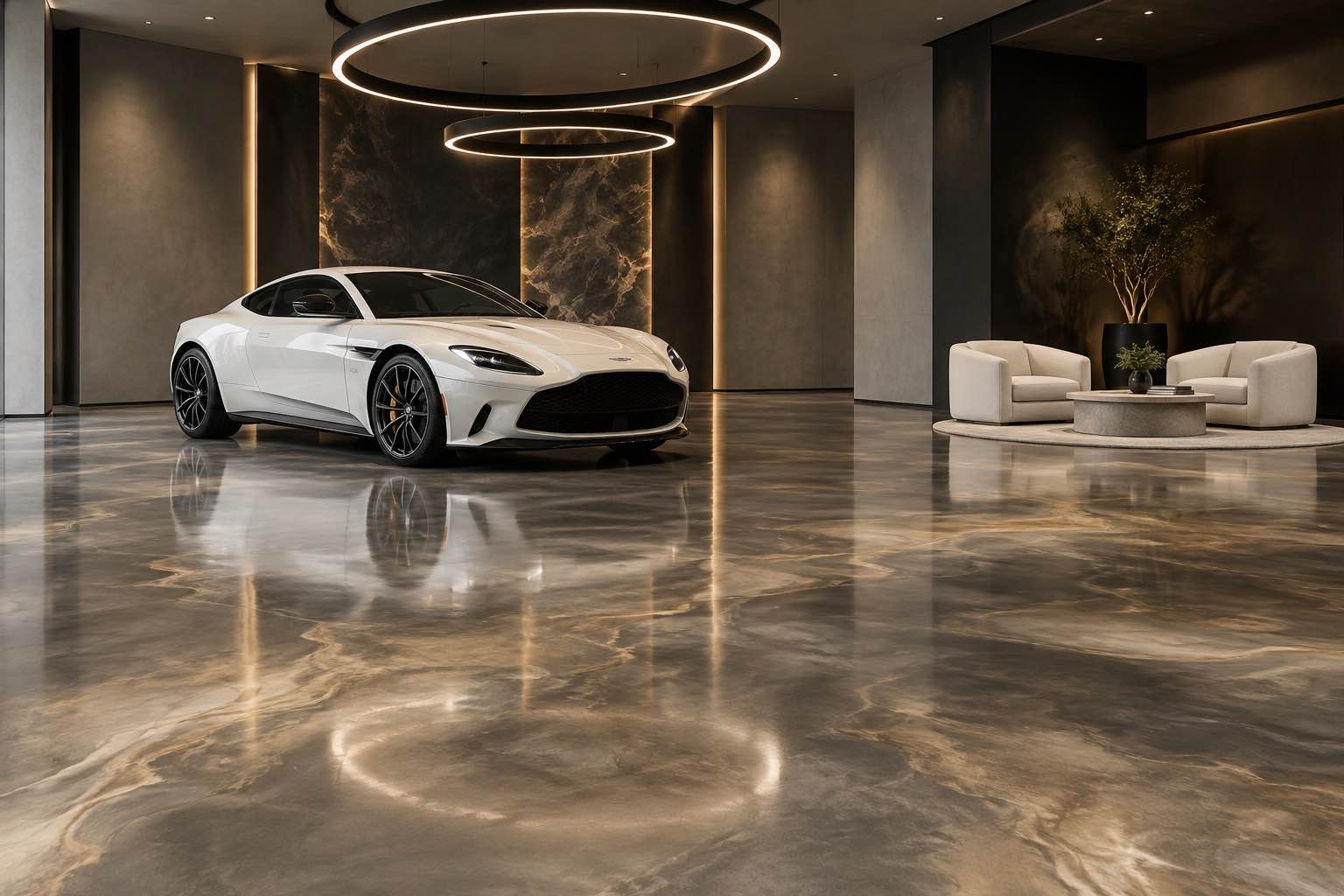Automotive showroom and lounge with graphite metallic epoxy
