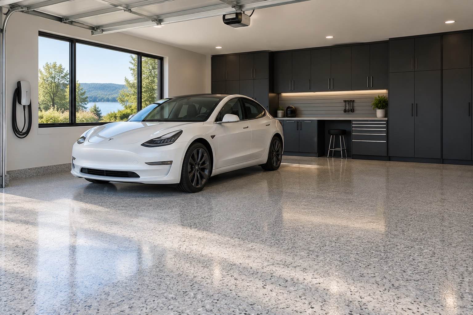Luxury garage with a dark full-flake floor