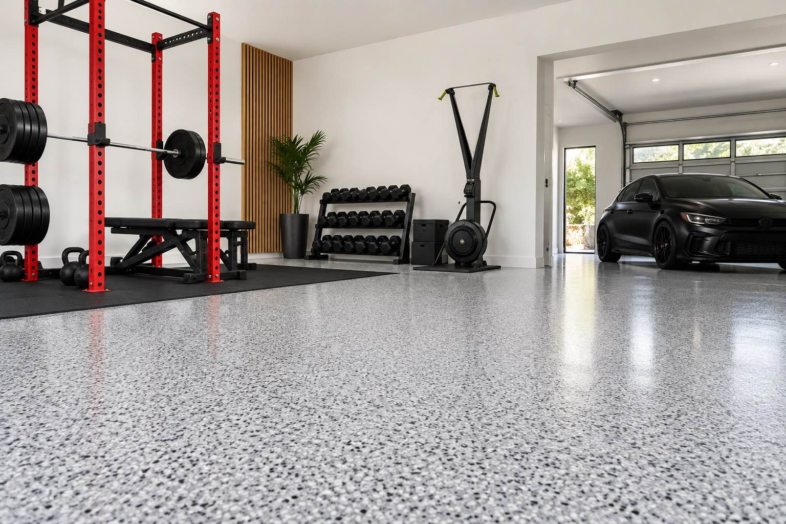 Garage gym with a decorative epoxy floor