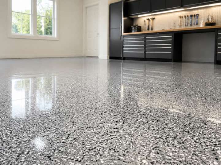 Close-up of a glossy decorative flake garage floor
