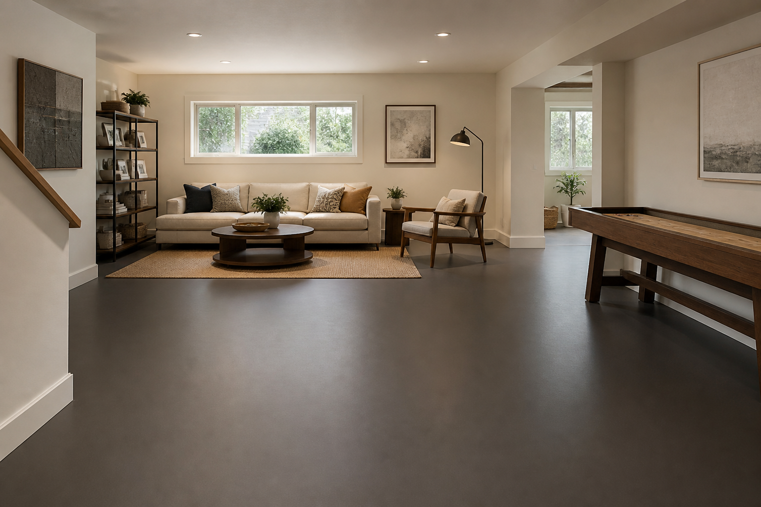 Seamless dark floor in a warm modern basement room