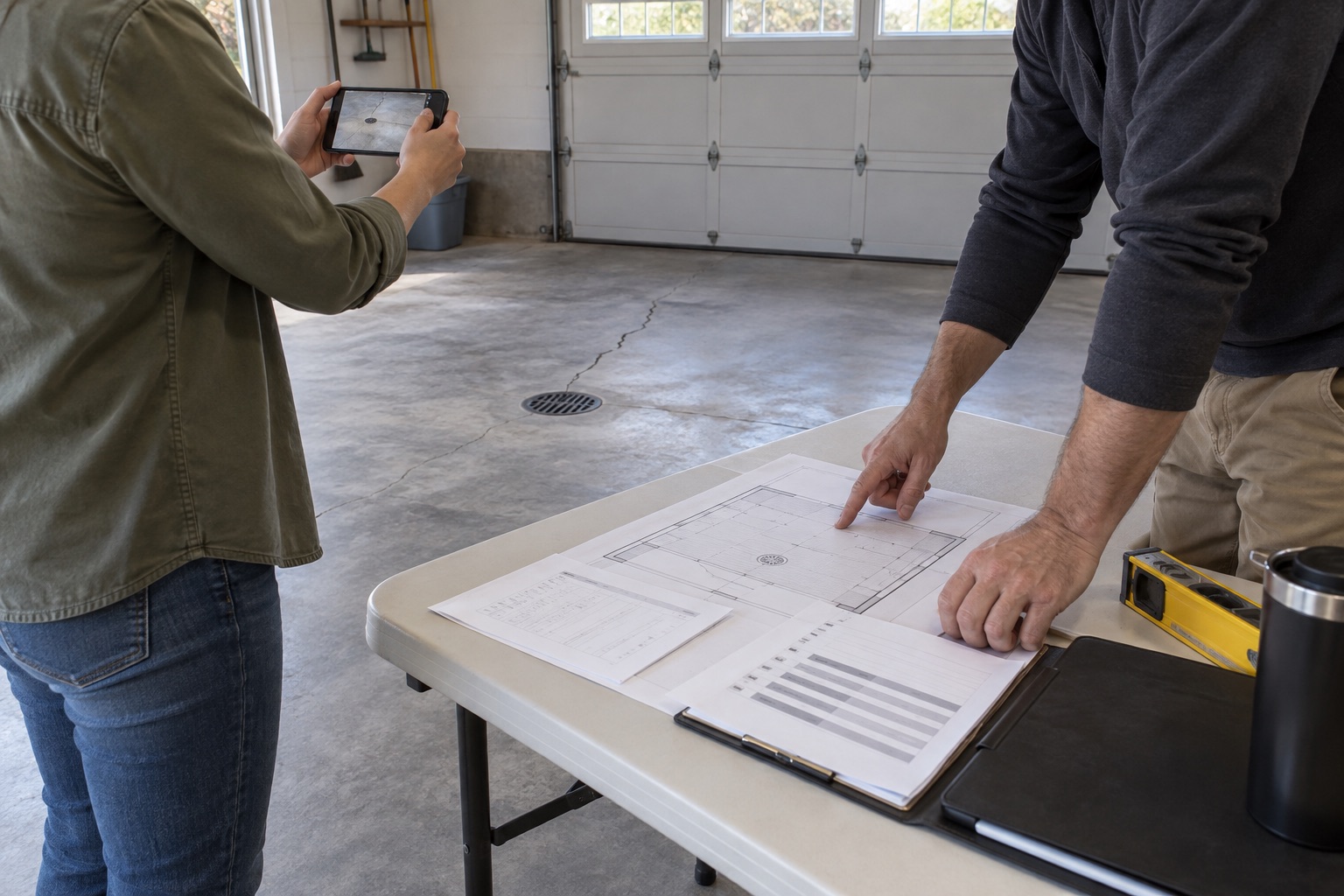 Homeowner and flooring contractor reviewing a garage floor scope and concrete condition