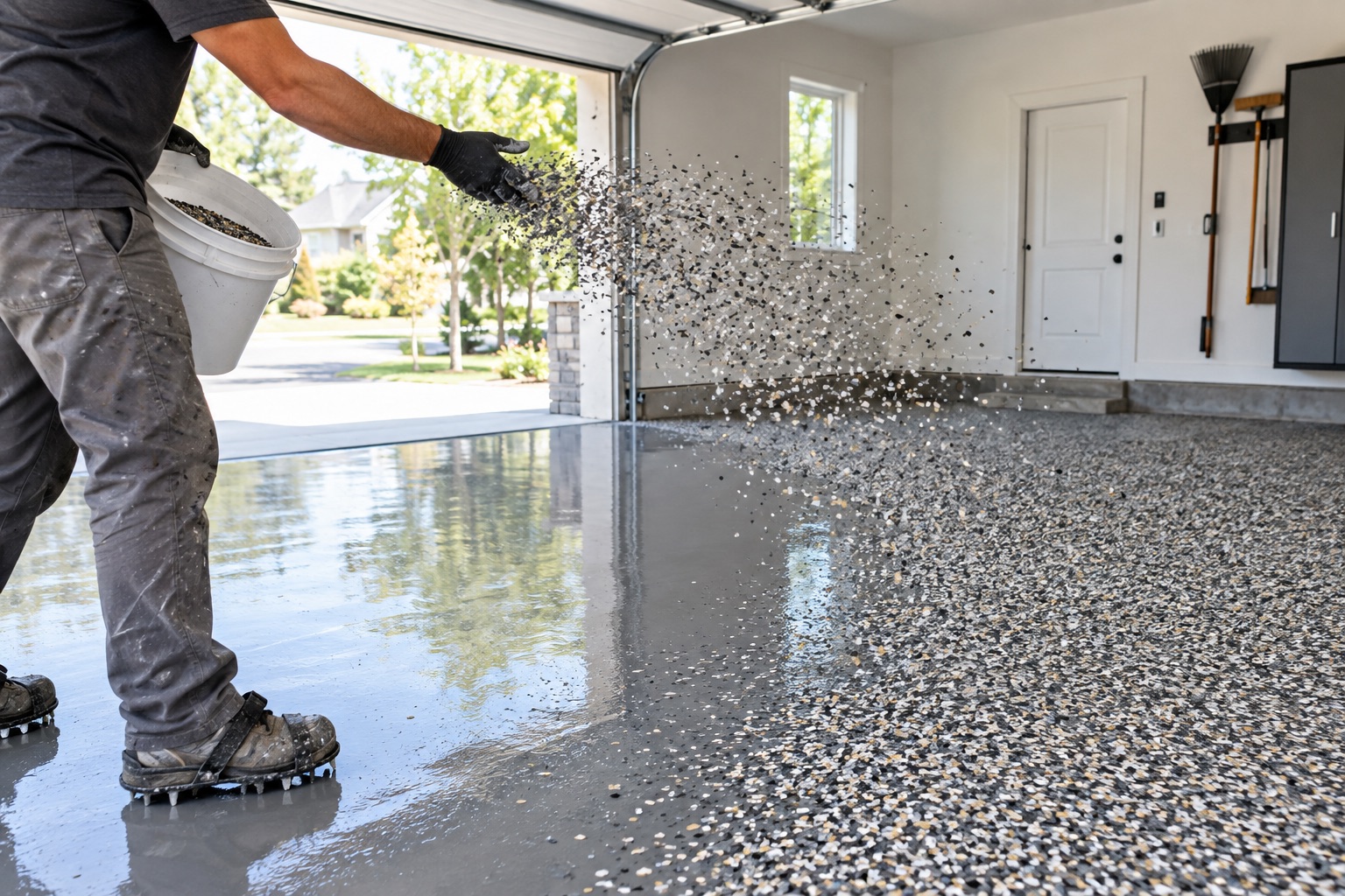 Installer broadcasting decorative flakes across a wet garage floor basecoat