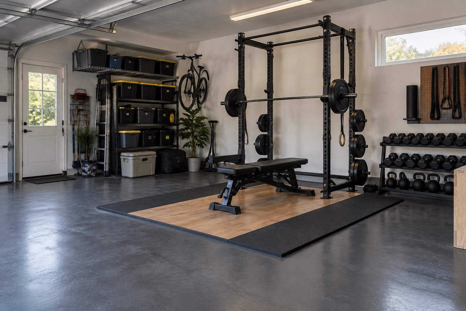 Garage home gym with a clean decorative resin floor and protected weight zones