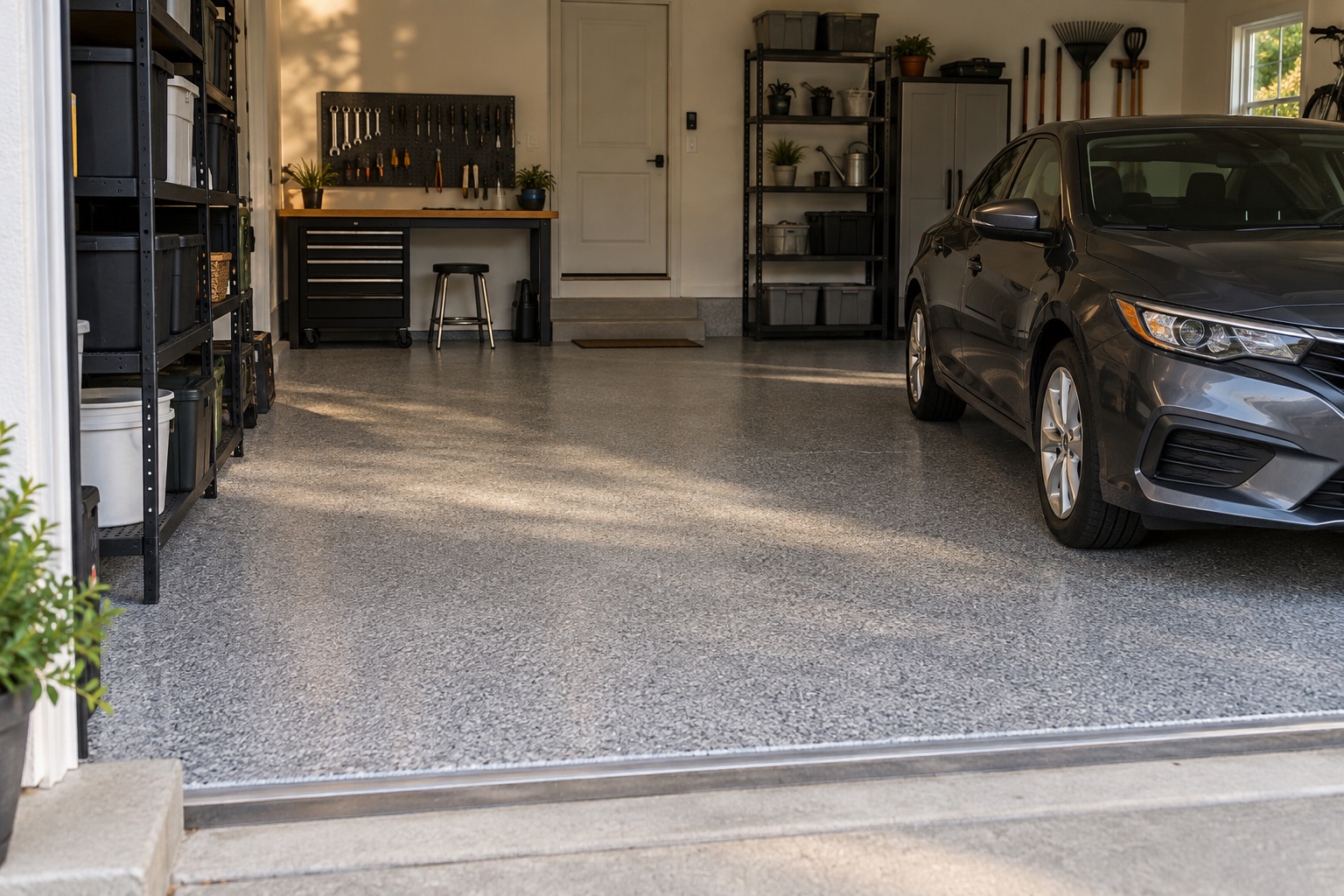 Well-maintained decorative garage floor with a vehicle and organized storage