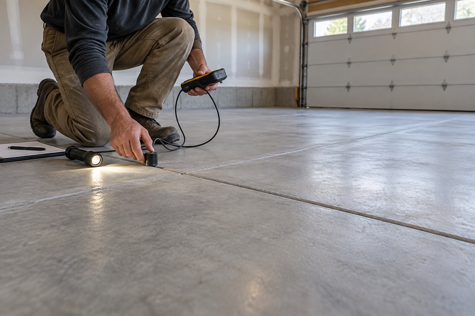 New garage concrete slab being inspected before a coating schedule is confirmed