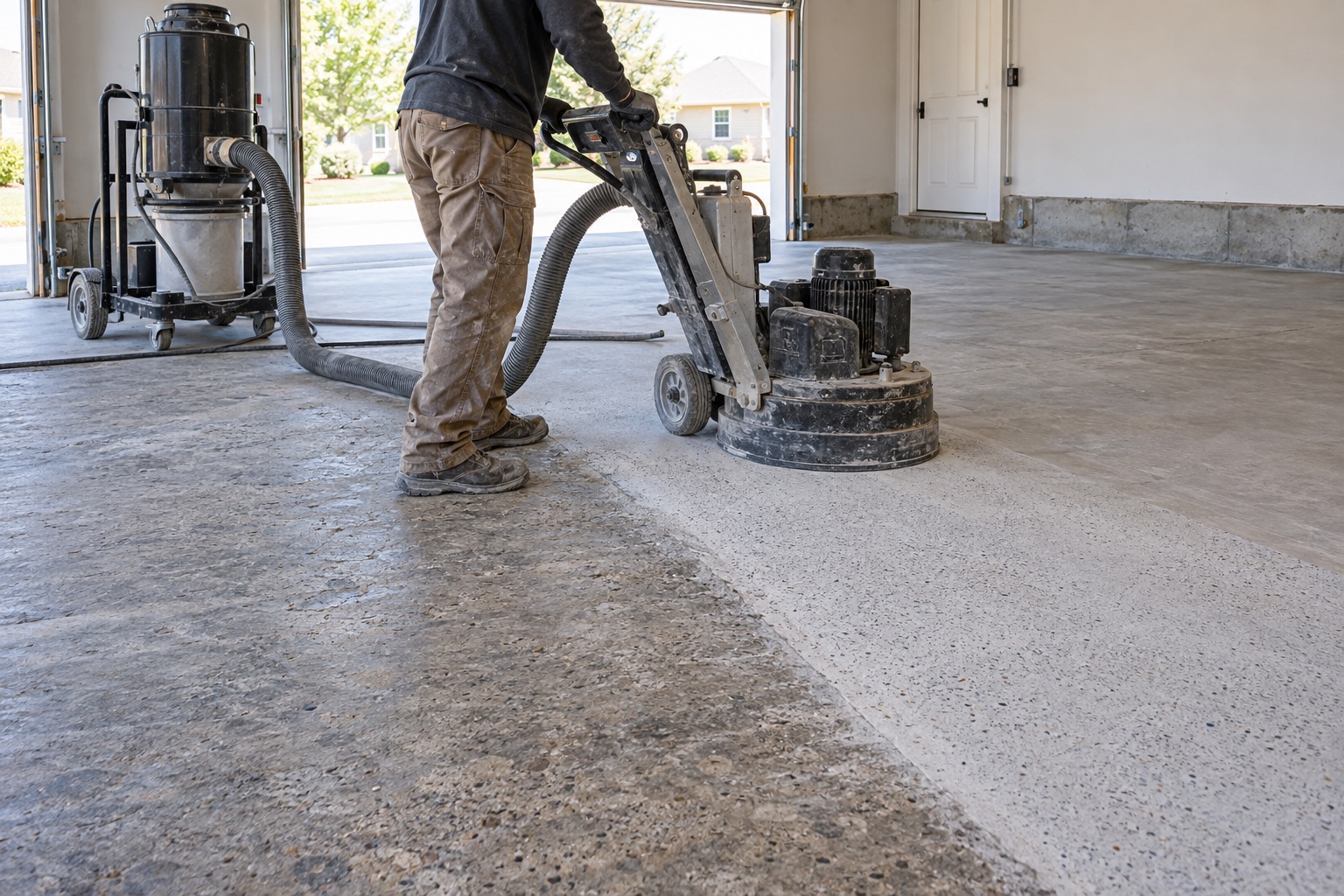 Diamond grinder and dust collection equipment preparing a garage concrete floor