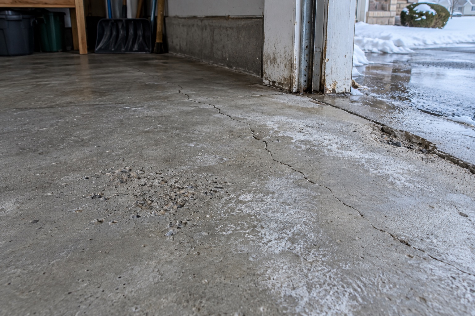 Garage concrete showing a crack pitting and salt-related surface scaling near a winter threshold