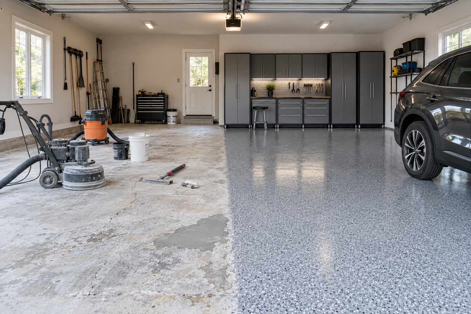 Garage floor project moving from prepared concrete to a finished full-flake system
