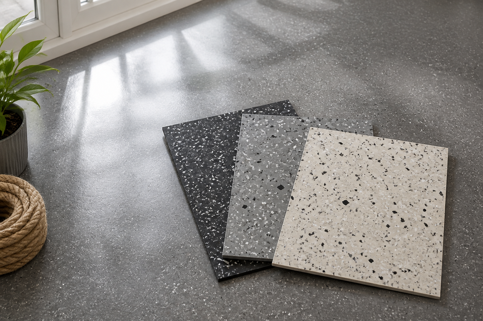 Decorative flake samples arranged beside a garage floor