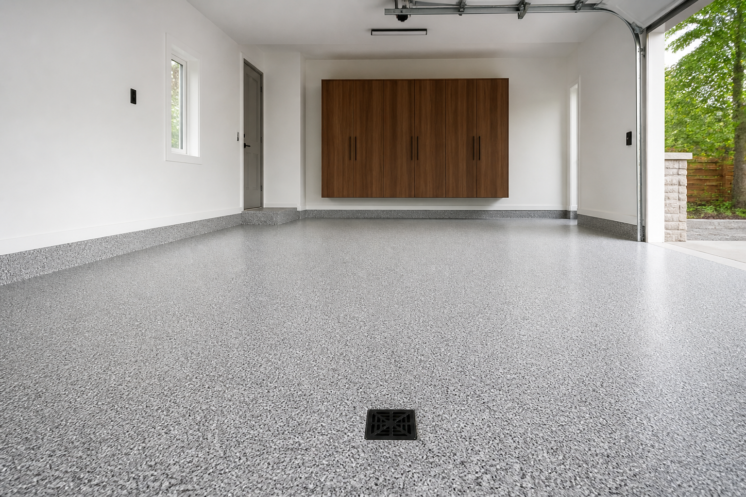 Decorative flake floor around a garage drain