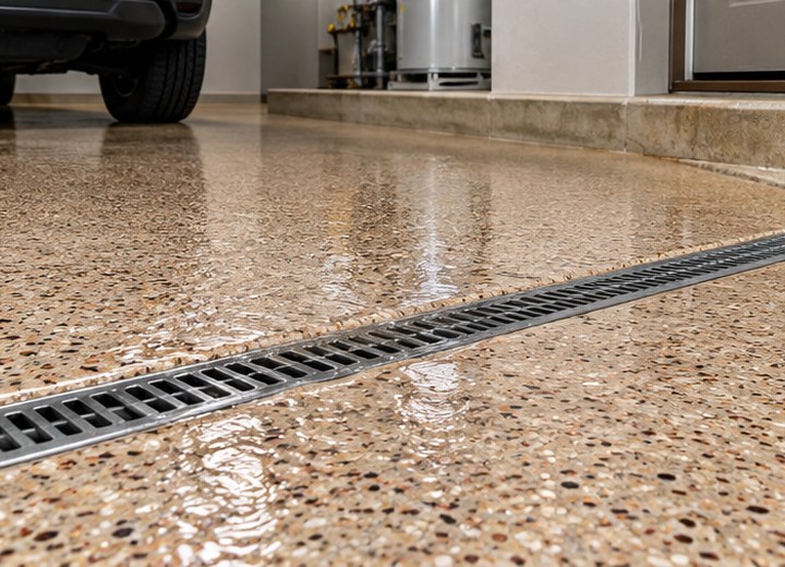 Drainage and grade — visual example for Are decorative flake garage floors slippery?