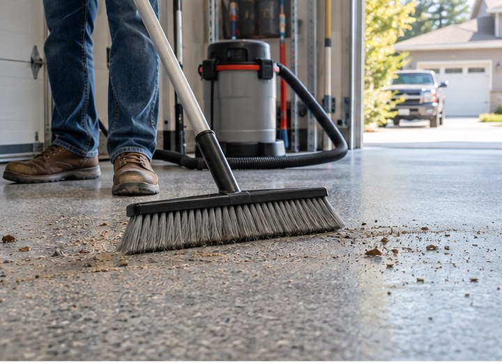 Remove grit first — visual example for How do I clean a coated garage floor?