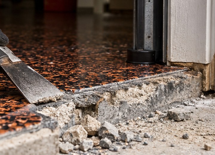 What edge damage exists? — visual example for Garage door thresholds: a small detail that changes the finished floor