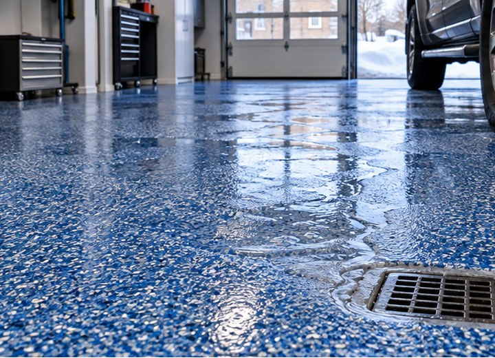 Follow the existing pitch — visual example for Garage floor drains, slopes and coating details