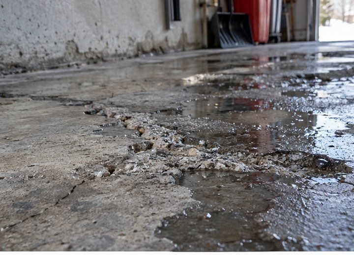 Moisture reaches weak concrete — visual example for Salt, slush and freeze-thaw: what matters in an Ontario garage