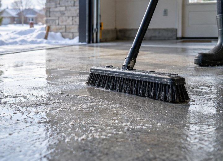 Cleaning limits buildup — visual example for Salt, slush and freeze-thaw: what matters in an Ontario garage