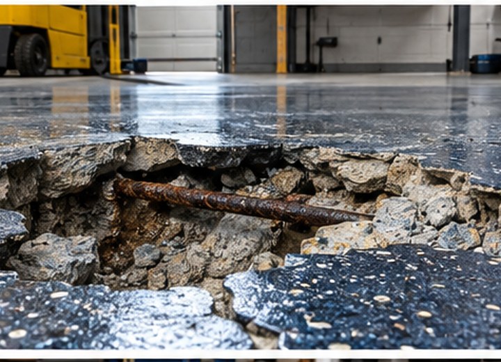 Larger broken area — visual example for Why Windsor garage floors crack, pit and spall