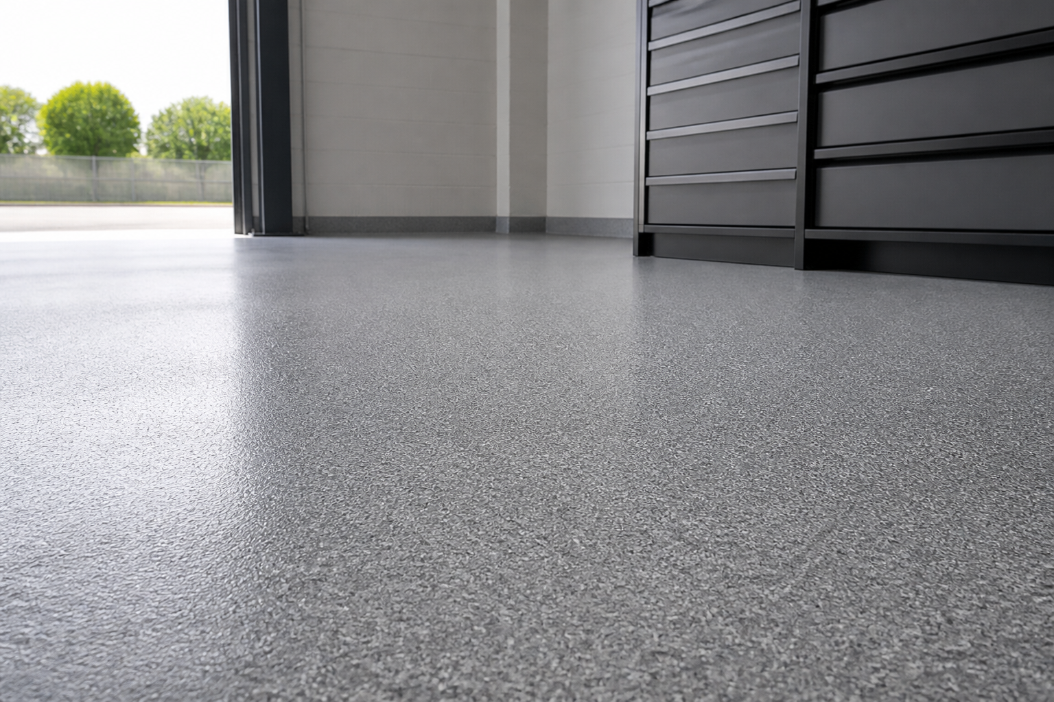Fine textured quartz broadcast resin floor in a service-bay workspace