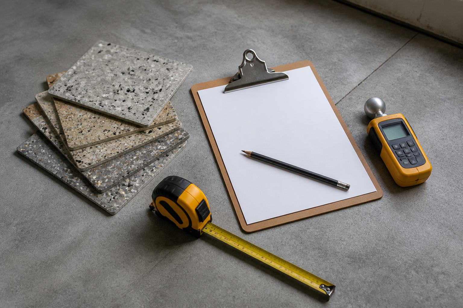 Quote-planning tools arranged on a prepared concrete slab
