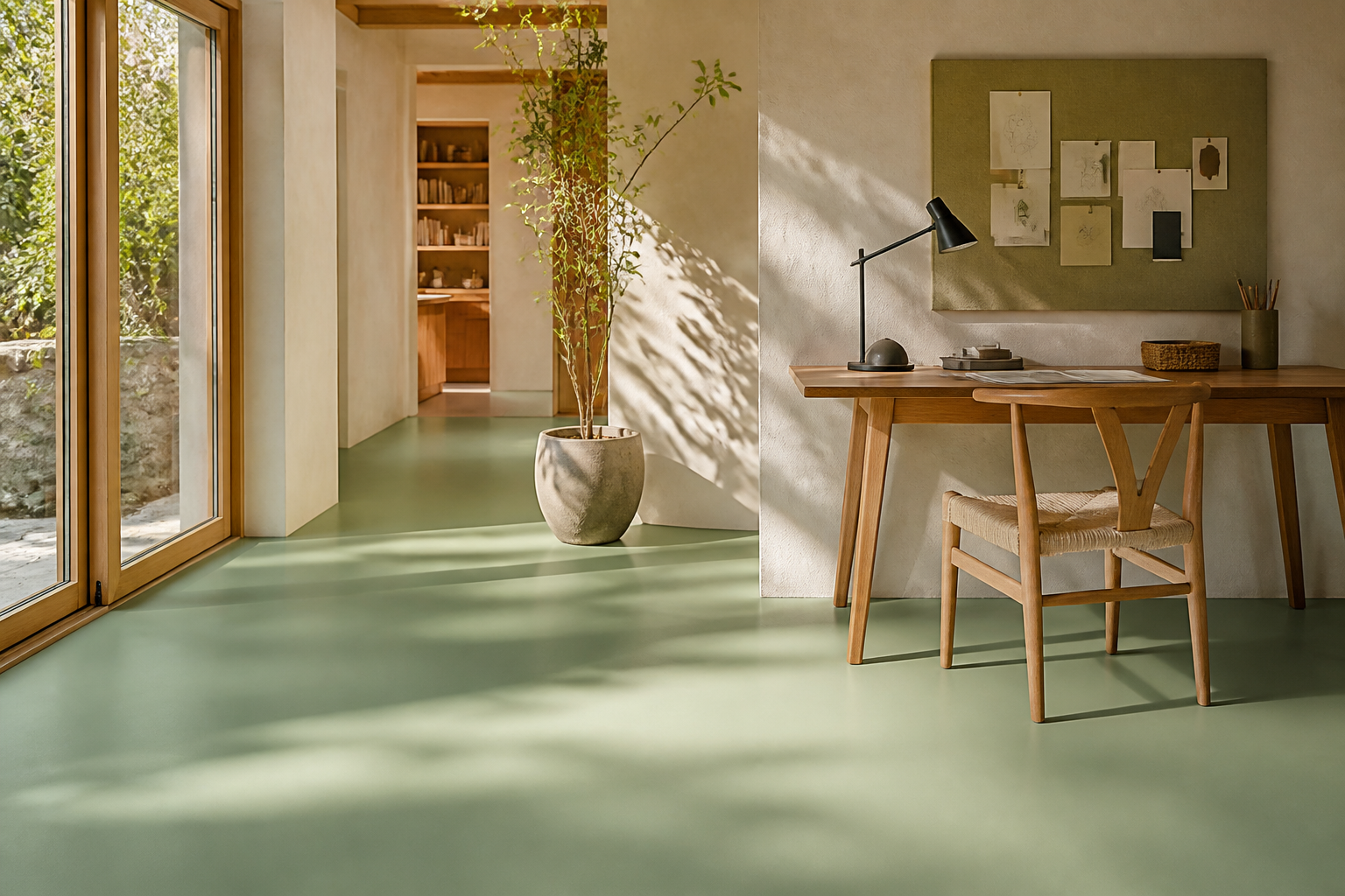 Seamless sage solid-colour resin floor in a contemporary studio