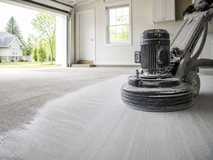 Concrete floor being mechanically ground in a bright garage